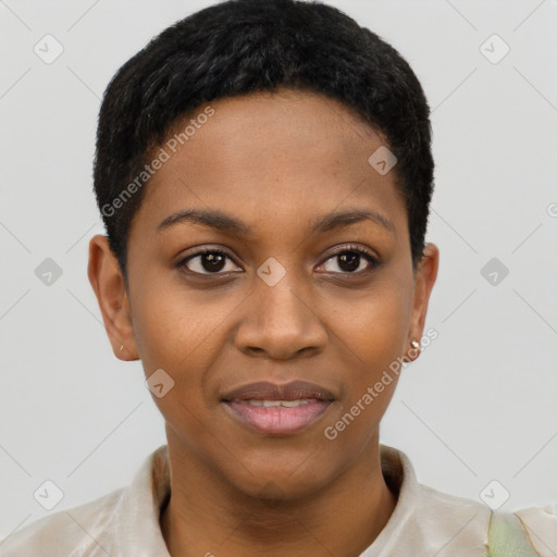 Joyful black young-adult female with short  black hair and brown eyes