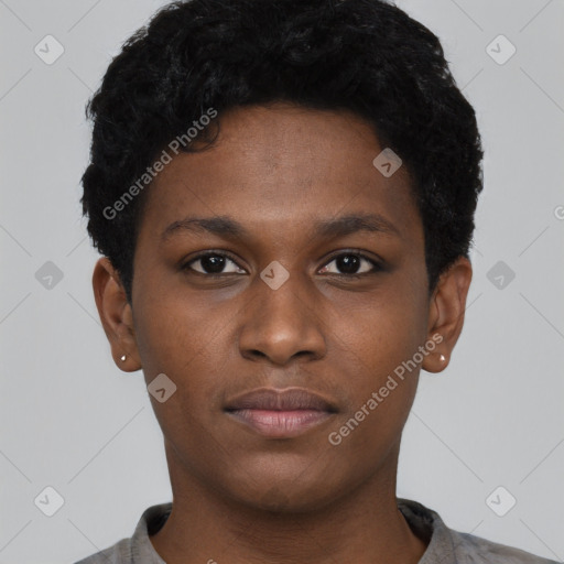 Neutral black young-adult male with short  black hair and brown eyes