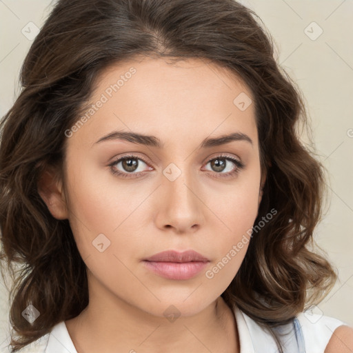 Neutral white young-adult female with medium  brown hair and brown eyes