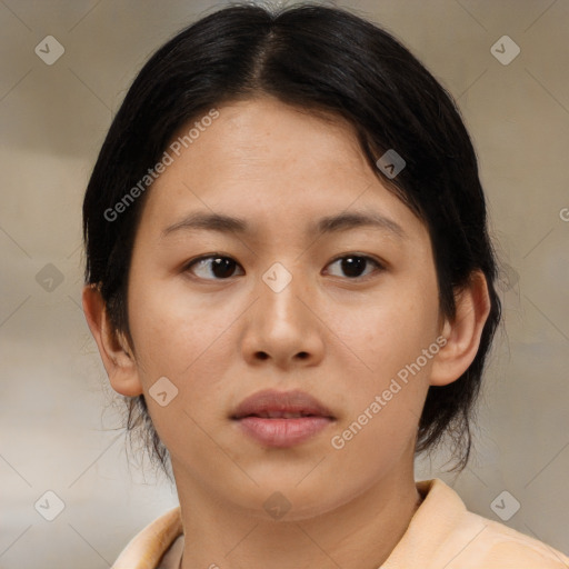 Neutral asian young-adult female with medium  brown hair and brown eyes