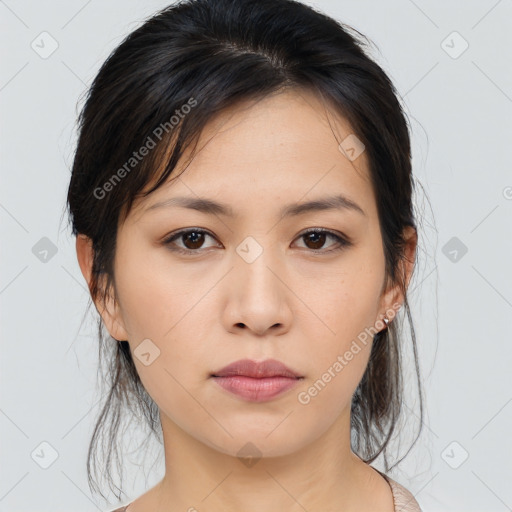 Neutral asian young-adult female with medium  brown hair and brown eyes