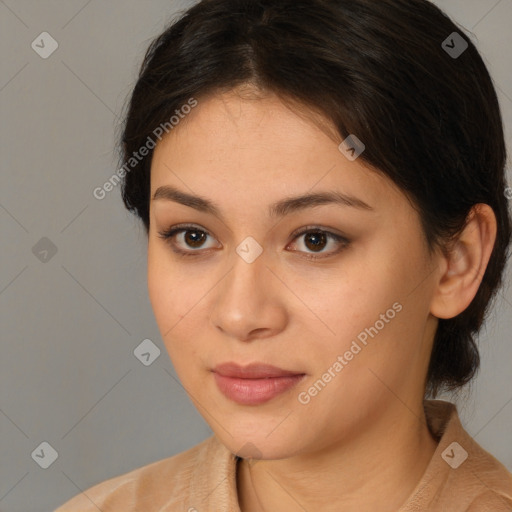 Neutral white young-adult female with medium  brown hair and brown eyes