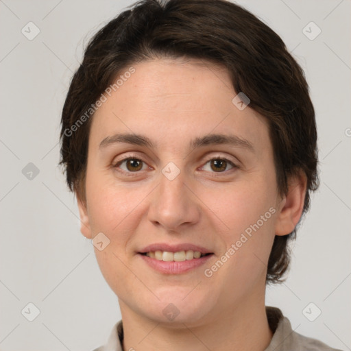 Joyful white young-adult female with short  brown hair and brown eyes