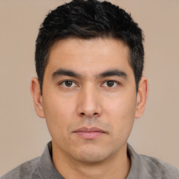 Neutral asian young-adult male with short  black hair and brown eyes