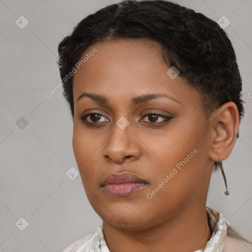 Neutral black young-adult female with short  brown hair and brown eyes