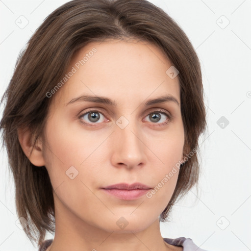 Neutral white young-adult female with medium  brown hair and grey eyes