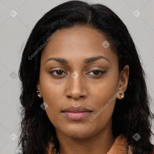 Joyful latino young-adult female with long  black hair and brown eyes