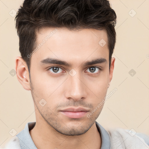 Neutral white young-adult male with short  brown hair and brown eyes