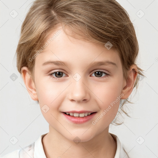 Joyful white child female with medium  brown hair and brown eyes