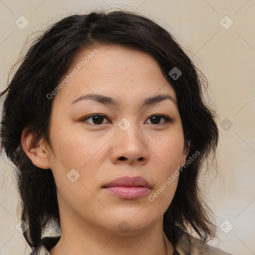 Neutral asian young-adult female with medium  brown hair and brown eyes