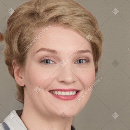 Joyful white young-adult female with short  brown hair and blue eyes