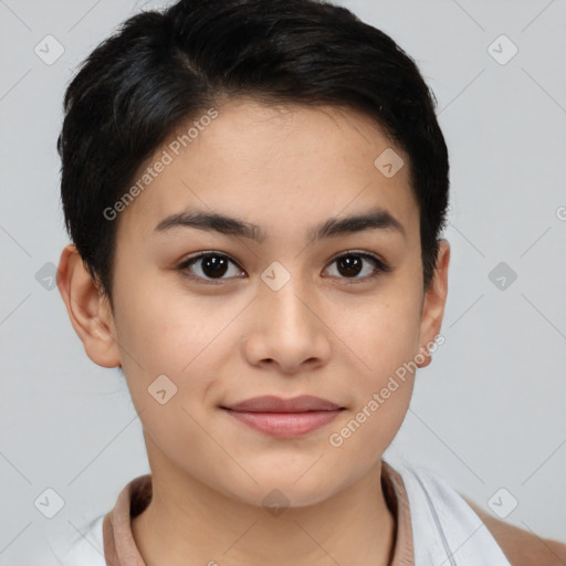 Joyful asian young-adult female with short  brown hair and brown eyes