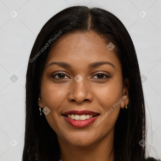 Joyful latino young-adult female with long  brown hair and brown eyes