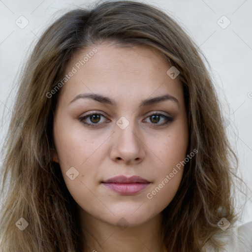 Joyful white young-adult female with long  brown hair and grey eyes