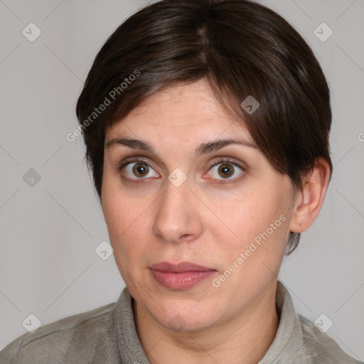 Neutral white young-adult female with short  brown hair and brown eyes