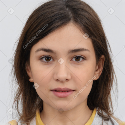 Neutral white young-adult female with medium  brown hair and brown eyes