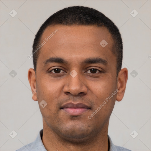 Neutral latino young-adult male with short  black hair and brown eyes