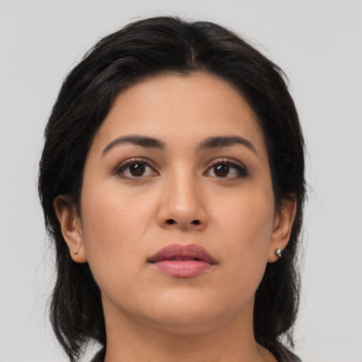 Neutral asian young-adult female with medium  black hair and brown eyes