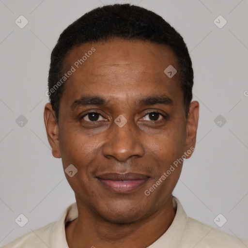 Joyful latino adult male with short  black hair and brown eyes