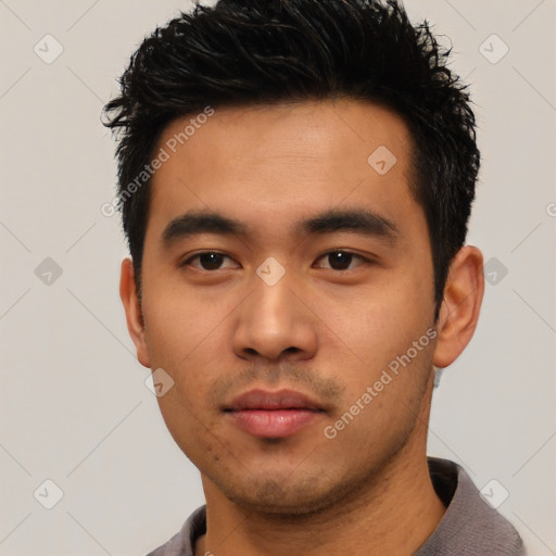 Neutral asian young-adult male with short  black hair and brown eyes