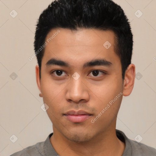 Neutral asian young-adult male with short  black hair and brown eyes