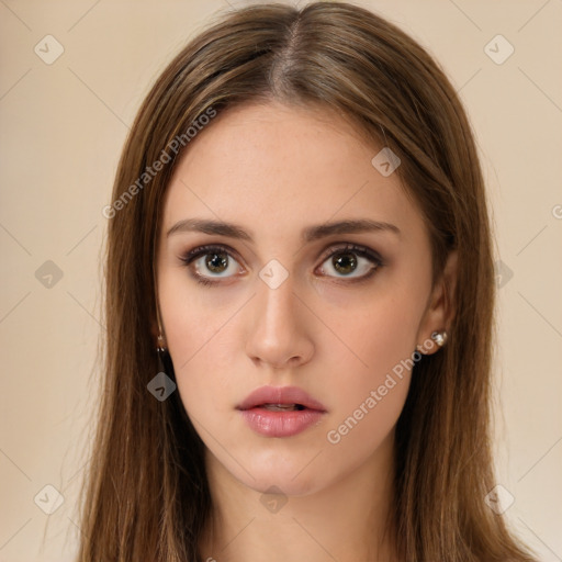 Neutral white young-adult female with long  brown hair and brown eyes