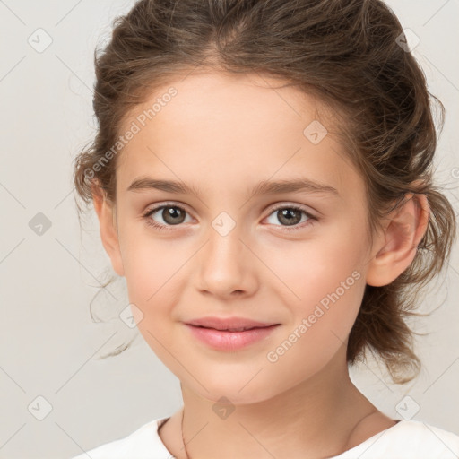 Joyful white child female with medium  brown hair and brown eyes