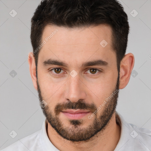 Neutral white young-adult male with short  brown hair and brown eyes