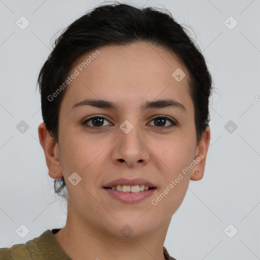 Joyful white young-adult female with short  brown hair and brown eyes