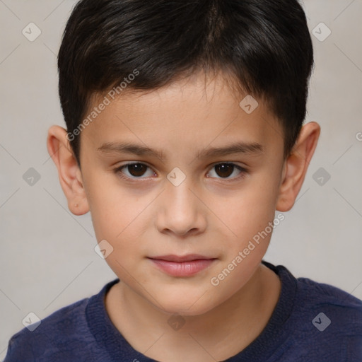 Joyful white child male with short  brown hair and brown eyes