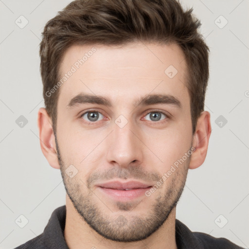 Neutral white young-adult male with short  brown hair and grey eyes