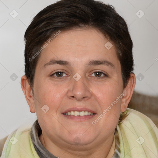 Joyful white adult female with short  brown hair and brown eyes