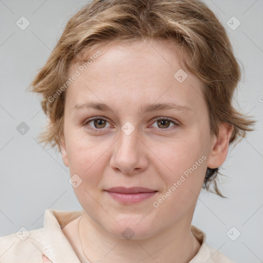 Joyful white young-adult female with medium  brown hair and green eyes