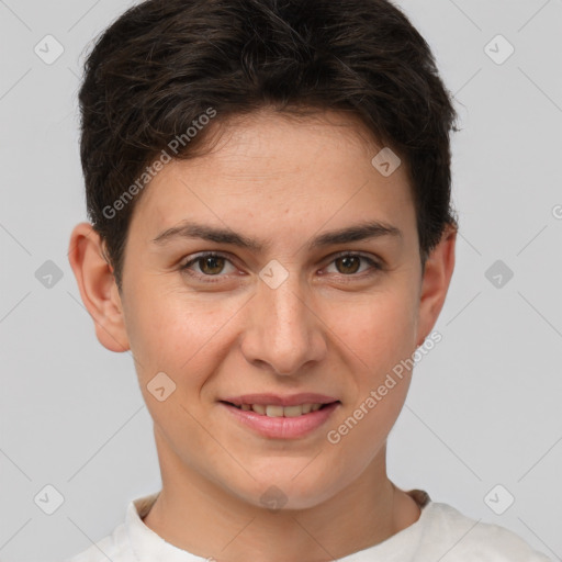 Joyful white young-adult female with short  brown hair and brown eyes