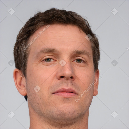 Neutral white adult male with short  brown hair and brown eyes