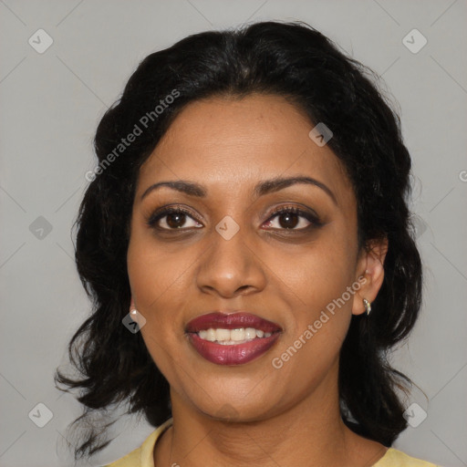 Joyful latino young-adult female with medium  black hair and brown eyes