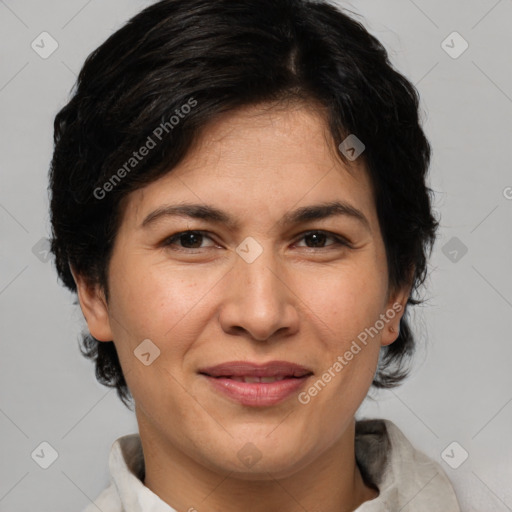 Joyful white adult female with medium  brown hair and brown eyes