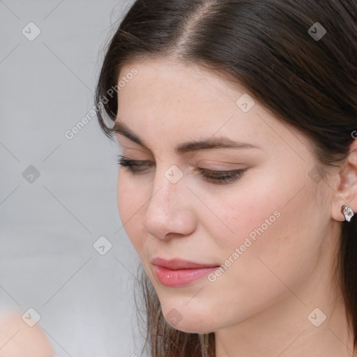 Neutral white young-adult female with medium  brown hair and brown eyes