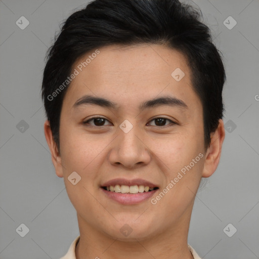 Joyful asian young-adult female with short  brown hair and brown eyes