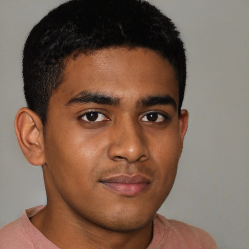 Neutral latino young-adult male with short  brown hair and brown eyes
