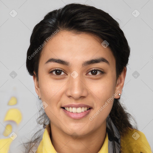 Joyful latino young-adult female with medium  brown hair and brown eyes