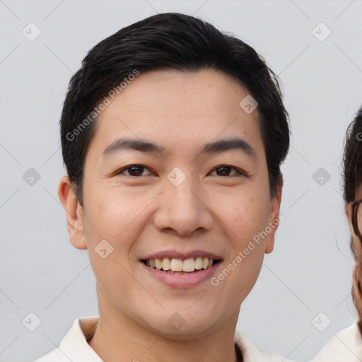 Joyful white young-adult male with short  black hair and brown eyes