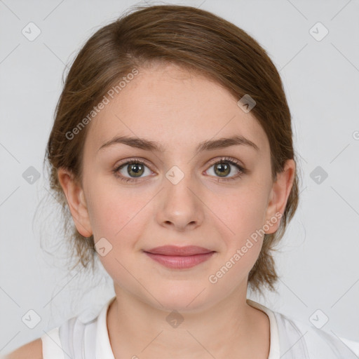 Joyful white young-adult female with medium  brown hair and green eyes