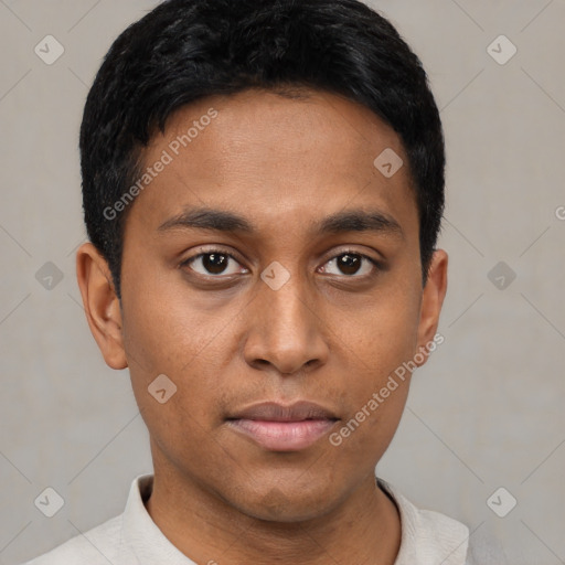 Joyful black young-adult male with short  black hair and brown eyes