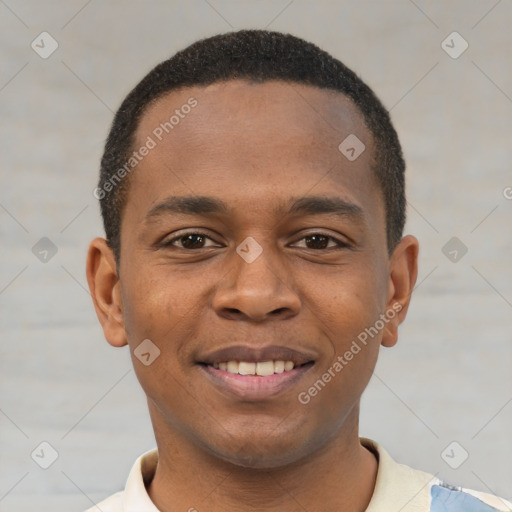 Joyful black young-adult male with short  brown hair and brown eyes