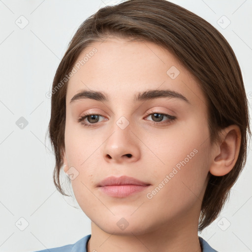 Neutral white young-adult female with medium  brown hair and brown eyes