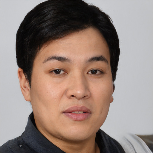 Joyful asian young-adult male with short  black hair and brown eyes