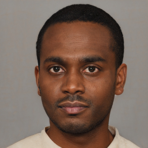 Neutral black young-adult male with short  black hair and brown eyes