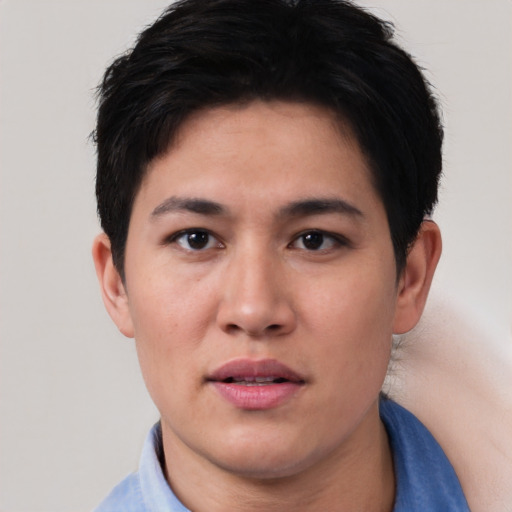 Neutral asian young-adult female with short  black hair and brown eyes