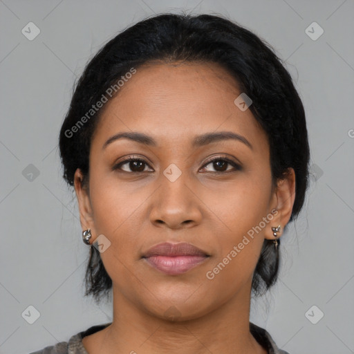 Joyful latino young-adult female with medium  black hair and brown eyes